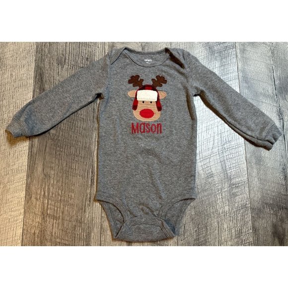 Carters One Piece Bodysuit Baby 18 Month Monogrammed MASON Reindeer Long Sleeve‎ - Picture 1 of 5